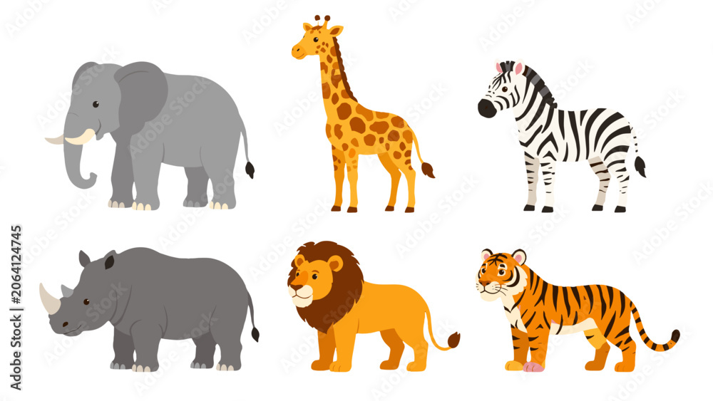 Fototapeta premium Cartoon safari animals set with elephant giraffe zebra lion