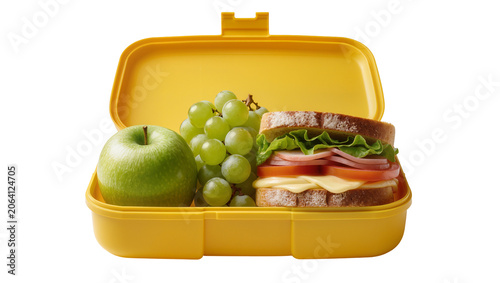 Quadro em tela Yellow lunch box with sandwich green apple, and grapes