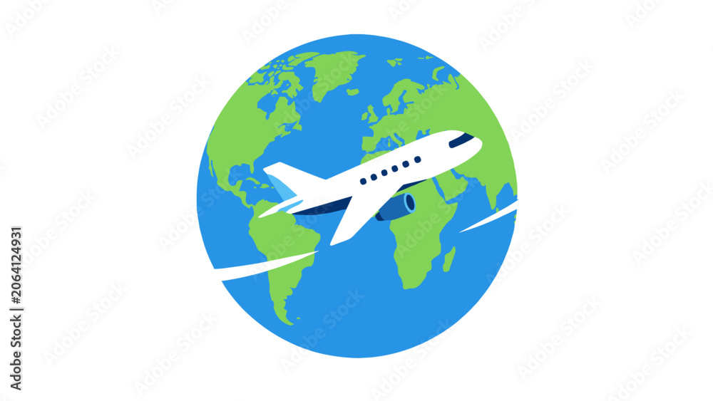 Obraz premium Airplane flying around globe in flat vector icon style