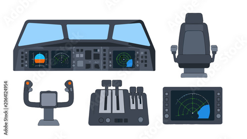 Tableau sur toile Airplane cockpit controls and pilot seat vector set
