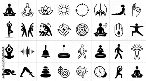 Cuadro en lienzo Collection of Yoga Poses and Wellness Icons.