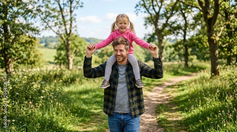 Fototapeta premium Father carrying daughter on shoulders in sunny green park.