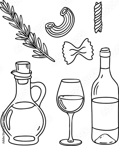 Italian Food Line Art Illustration with Pasta Varieties Wine Glass and Olive Oil Carafe