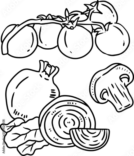 Vegetable Line Art Illustration of Tomatoes On The Vine Onion and Mushroom Slice