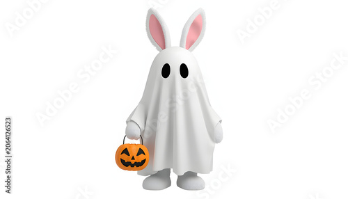 A cute white ghost wearing bunny ears holds a pumpkin trick-or-treat bucket on a plain white background for Halloween