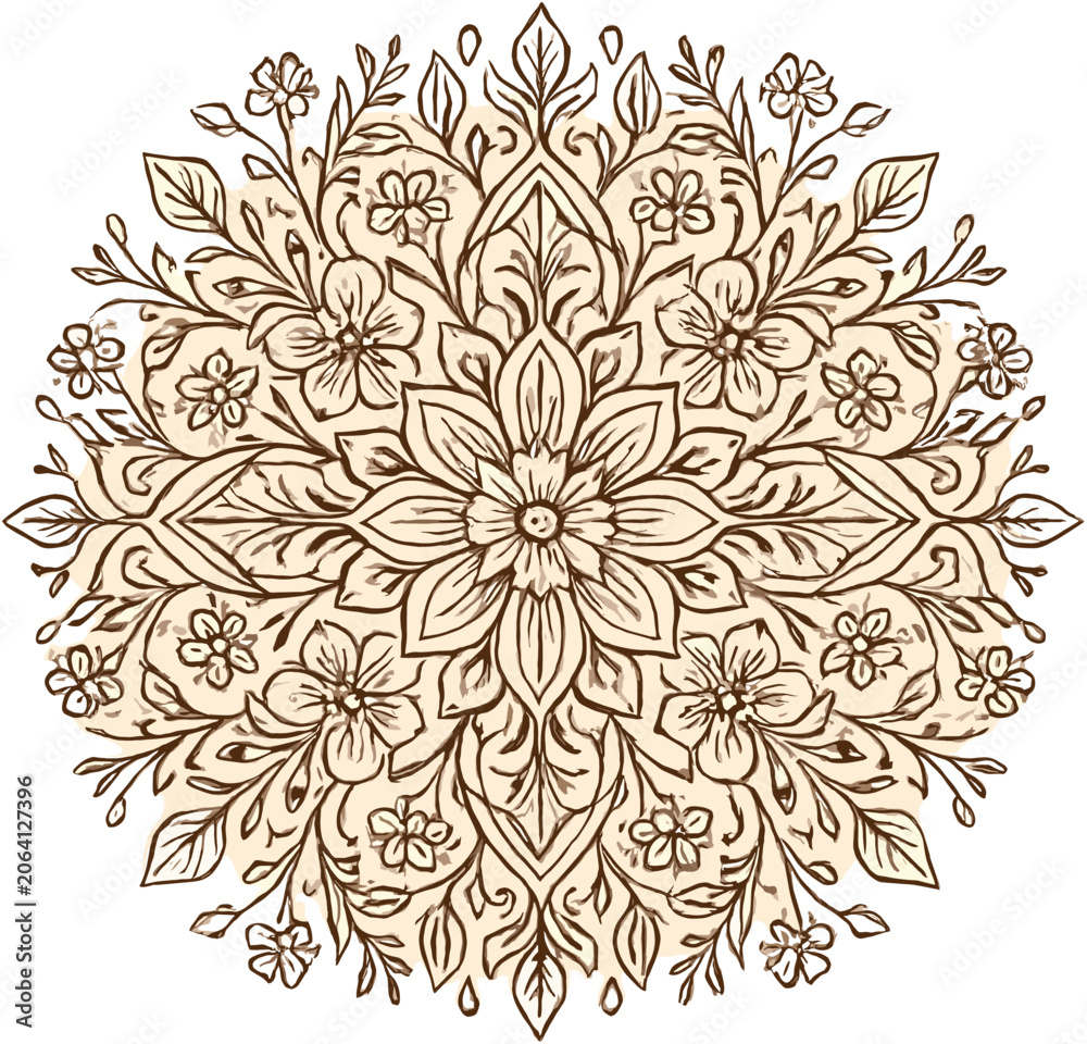 Obraz premium Intricate hand-drawn floral mandala design with symmetrical patterns and delicate botanical elements in a vintage style.