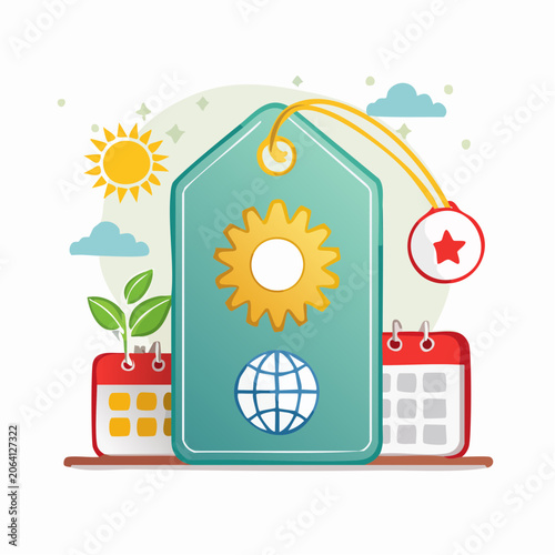 Eco-friendly business tag with global and growth symbols