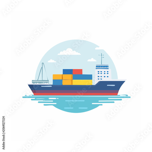 Flat design 3D render of a cruise ship on ocean waves