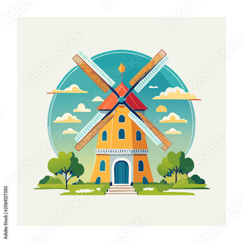 Flat design illustration of a yellow windmill with trees and clouds