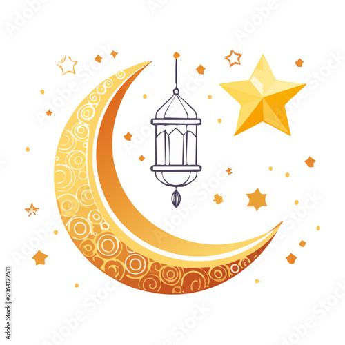 Islamic crescent moon with lantern and stars