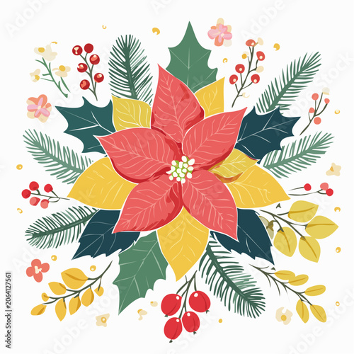 Poinsettia and Christmas Foliage Illustration