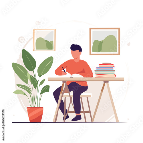 Person studying and writing at a desk with books and plant