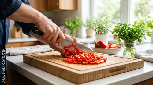 A close-up of a person's hand chopping vibrant red bell peppers on a wooden cutting board in a bright kitchen.