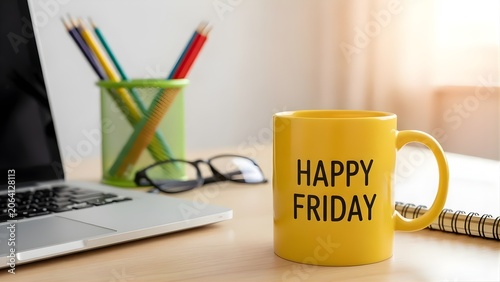 Happy Friday Coffee Mug on Desk with Laptop and Supplies.