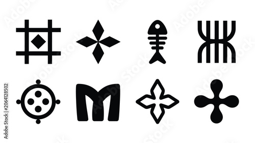 African tribal symbols solid icon set featuring ethnic geometric ornaments adinkra signs fish bone star and abstract folk runes