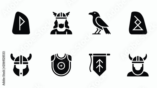 Photos Norse mythology black glyph icons collection including ancient runes Viking warr