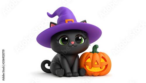 Adorable cartoon black cat wearing a purple witch hat sits next to a glowing jack-o'-lantern pumpkin celebrating Halloween on a white background