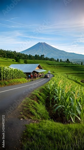 A winding road cuts through vibrant terraced fields toward a towering volcanic peak, blending rural charm, agricultural heritage, and breathtaking mountain scenery in a timeless landscape.