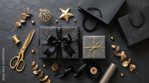 Gift boxes ribbons and decorative elements on a dark slate background