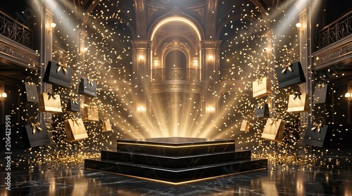 Shopping Bags And Pedestal In Dramatic Lit Interior Scene