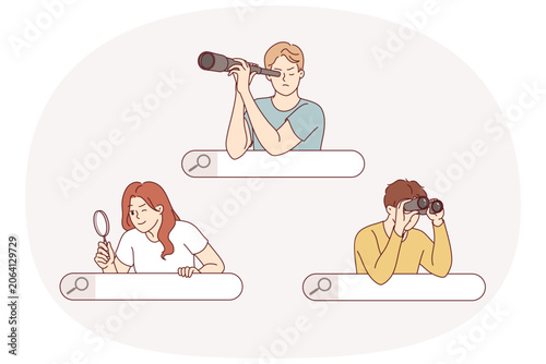 People search on internet, using binoculars or magnifying glass, looking out from behind search bar. Journalists conduct investigations collecting important information using osint technique