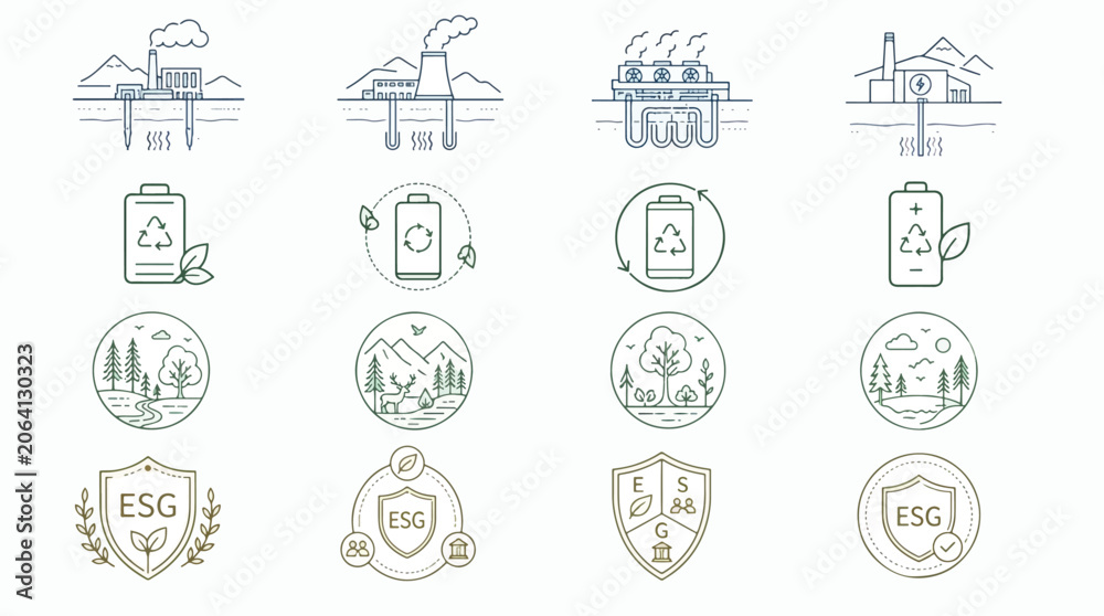 Fototapeta premium Set of icons representing environmental, social, and governance concepts with nature and industry.