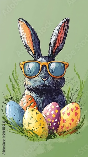 Easter Bunny with Sunglasses Holding Colorful Eggs in Spring Meadow Illustration