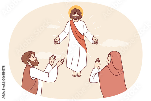 Foto Second coming of Jesus from christian religion makes believers pray, watch flight of god