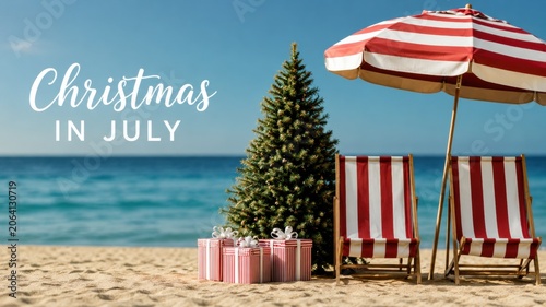Christmas in July beach scene with tree, gifts, striped chairs and umbrella for summer holiday promotion