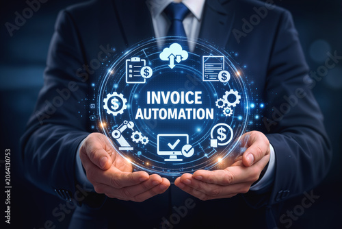 Invoice automation concept with businessman holding digital circle of icons for billing payment processing cloud accounting and invoice workflow optimization for finance teams