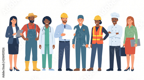 Diverse Group of Professionals Standing Together in Uniforms Representing Various Career Fields