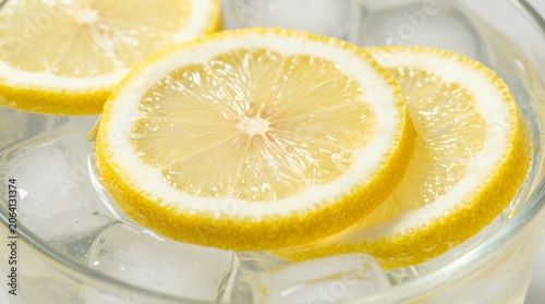 Lemon water with ice in glass, lemon slices