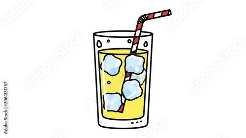 2D illustration of a glass of cold yellow juice with ice cubes and a striped straw shaking slightly