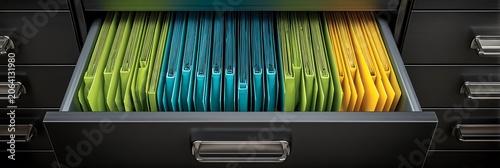 Open filing cabinet drawer filled with organized colorful hanging folders for efficient document management and systematic record keeping in a modern professional office space