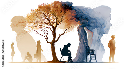 Struggles and resilience faced by people with alzheimer's disease and multiple sclerosis in various life stages. The artwork shows different figures representing people with alzheimer's disease and mu