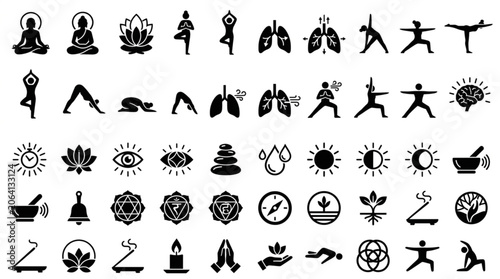 Fotografía Collection of Yoga Poses and Health Symbols.