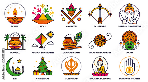 Canvastavla A collection of colorful flat design icons representing various Indian and global festivals and religious holidays like Diwali, Holi, Christmas, and Eid