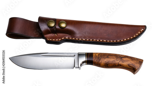 Foto Hunting knife with polished steel blade and wooden handle with leather sheath
