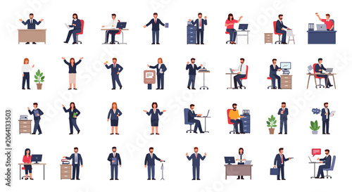 Extensive grid showing various office workers and business professionals in diverse poses like presenting and sitting at desks.