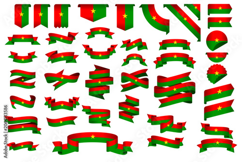 Burkina Faso Flag Ribbon Collection Set – Wavy Ribbon, Badge, Frame and Decorative Design Elements Vector Illustration