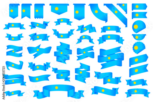 Palau Flag Ribbon Collection Set – Wavy Ribbon, Badge, Frame and Decorative Design Elements Vector Illustration