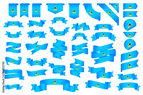 Saint Lucia Flag Ribbon Collection Set – Wavy Ribbon, Badge, Frame and Decorative Design Elements Vector Illustration