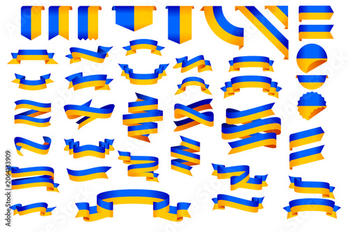 Ukraine Flag Ribbon Collection Set – Wavy Ribbon, Badge, Frame and Decorative Design Elements Vector Illustration