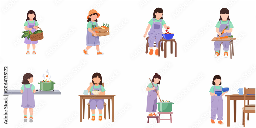 Fototapeta premium Little girl cooking and gardening set, flat vector illustration of farm to table activities from harvesting vegetables to preparing and eating healthy soup