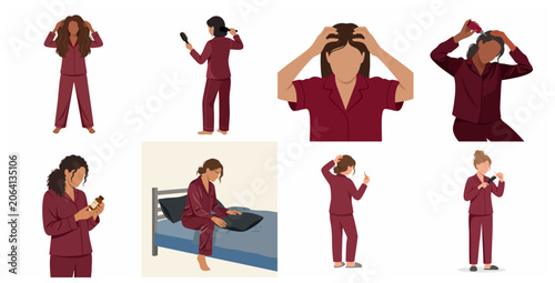 Set of illustrations of a woman dealing with hair loss and scalp care routine for alopecia treatment