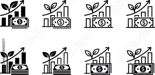 Growing money and business success with plant and chart icons