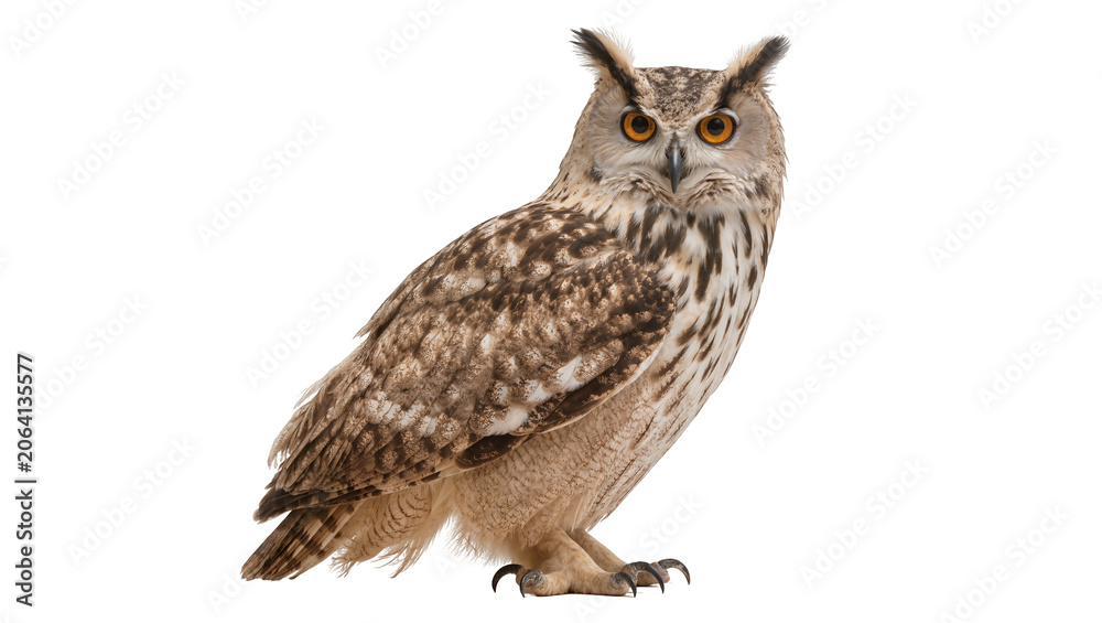 Obraz premium Eurasian Eagle Owl with orange eyes and ear tufts