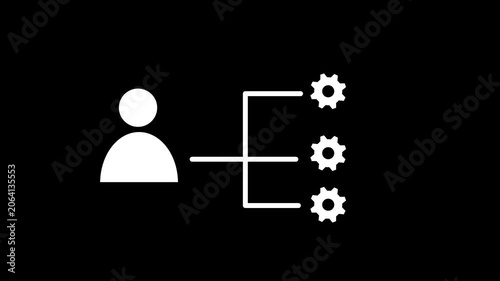 Person icon animation with rotating gears. Person icon workforce and management. Person icon technical skill graphic on black background