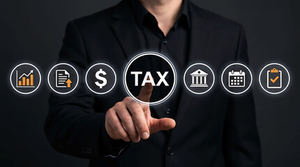 Businessman touching virtual tax icon on abstract digital background
