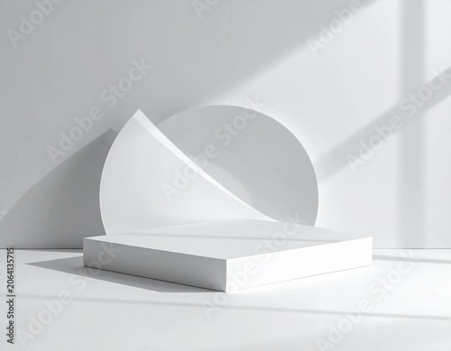 Empty square podium stage with geometric circle backdrop, sunlight shadows for product display, exhibition platform, retail showcase